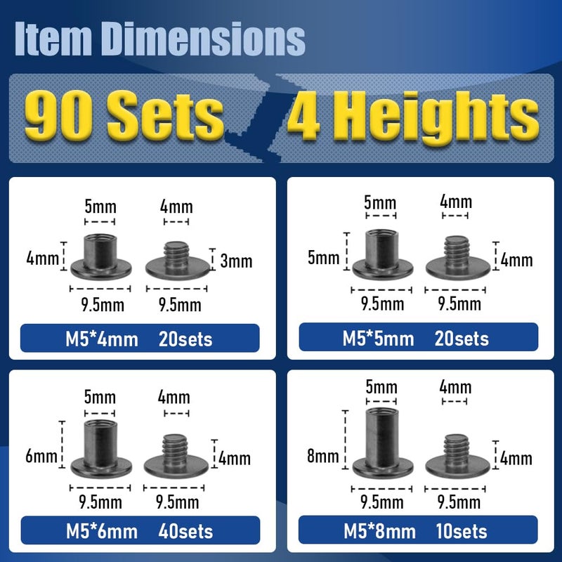 ArcNascency Store 90 مجموعة من براغي شيكاغو باللون الأسود المعدني، 4 أحجام (M5*4,5,6,8) وطولين للبراغي (M4*3,4) للأحزمة، تجليد الكتب، والأعمال اليدوية الجلدية (أسود معدني)  - Image 2